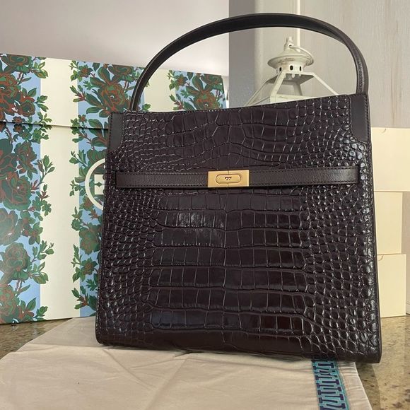 Tory Burch Women's Lee Radziwill Double Bag Handbag Embossed Pumpernickel - Picture 7 of 17